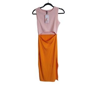 PrettyGarden Women Pink Orange Colorblock Ribbed Cutout Midi Dress Small NWT